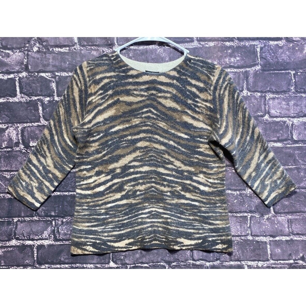 Talbots Petites Pure Cashmere Tiger Animal Print Maximalism Sweater Grey Tan LP